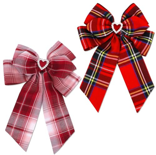 2 Pcs Tartan Hair Bow, Red Ribbon Hair Clips with Heart Shaped Decorations, Burns Night Tartan Hair Accessories, Scotland Laid Fashion Festive Accessories for Girls and Women