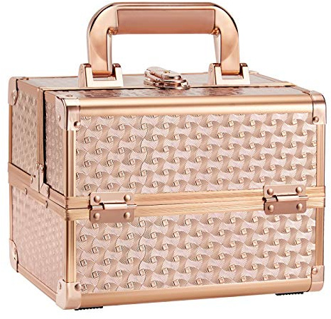 Makeup Box Vanity Case Cosmetic Organiser Box Beauty Storage, Rose Gold | Make Up Train Case with Mirror, Lockable with Keys