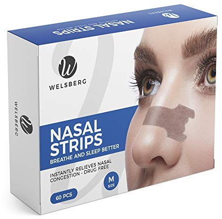 Welsberg 60 Stück Nasenstreifen Anti-Schnarch-Hilfe, Schnarchstopper-Pflaster, Nasenverstopfung Lindern, Besser Atmen im Schlaf Sport, Nasenpflaster für Männer Frauen, Größe M, 55x16 mm