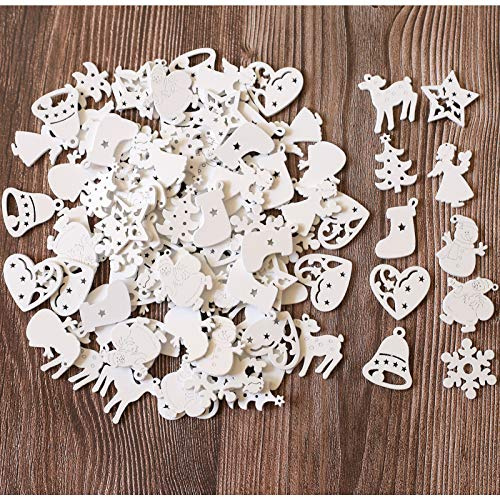 ToBeIT Mini decoración de madera de Navidad, aprox. 100 piezas, decoración navideña, colgantes para árbol de Navidad, mini copos de nieve, Papá Noel, discos de madera, decoración esparcida para