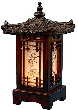 Traditional Korean Wood Lamp | Handmade Asian Oriental Table Lantern | Bedside Bedroom Accent Light | Unique Gift Idea | Pagoda Design (Brown) (House)