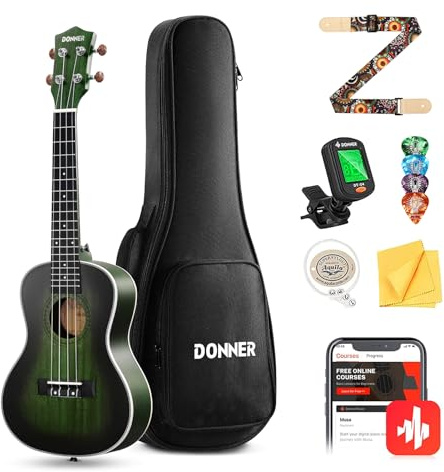 Donner Concert Ukulele Professional 23 Inch Mahogany Ukelele for Adult Beginner Ukele Bundle with Online Lesson Gig Bag Aquila String Pick Tuner Strap Cloth DUC-200G Green