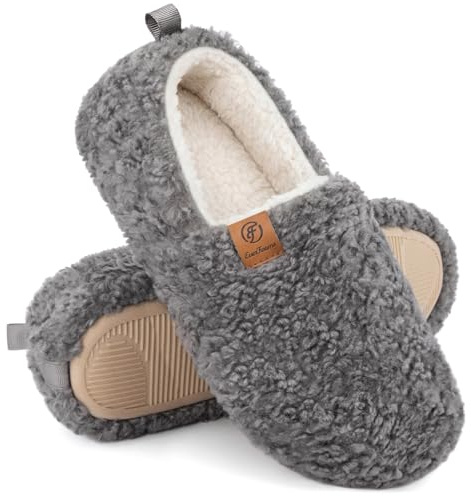 EverFoams Women’s Soft Curly Full Slippers Memory Foam Lightweight House Shoes Cozy Loafer with Polar Fleece Lining Grey,9-10 US