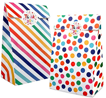 20PCS Kraft Paper Party Bags, AUERVO Rainbow Dots and Stripe Party Favor Bags Birthday Bags Gift Treat Bags With Thank You Stickers for Baby Shower Wedding Valentines' Day