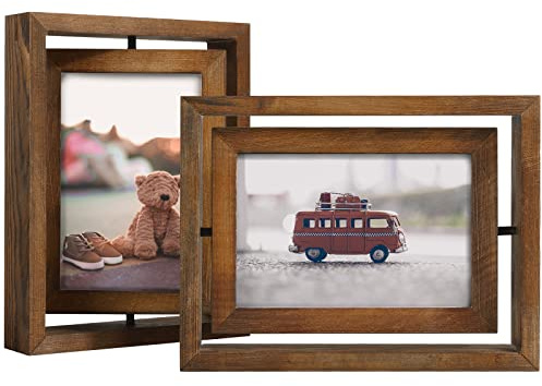 Egofine 2 Pack 4x6 Rotating Floating Picture Frames,Double-Sided Display with HD Glass Front Wooden Distressed Frame for Vertical or Horizontal Tabletop Display, Carbonization
