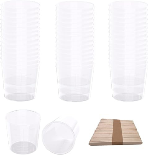 30 Pack 2 Ounce Plastic Graduated Cups 60 ml Transparent Scale Cups with 30 Pcs Wooden Stirring Sticks for Mixing Paint, Stain, Epoxy, Resin