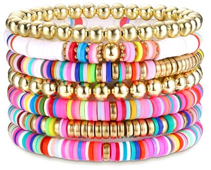 Dochais Surfer Armbänder Set Sommer - 7Pcs Regenbogen Boho Perlen Armband, Buntes Elastisches Seil Set, Strand Schmuck für Frauen Mädchen