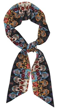 JEJEA sockerskallar tryck silkeslen halsscarf, mode silkeslen satin huvudduk för kvinnor, lätt silkes graciösa halsdukar, Svart, en storlek