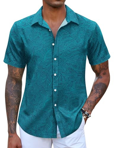 COOFANDY Herren Kurzarm Hemd Sommer Hawaii Shirt Button Down Shirt Floral Strandhemd Tops für Herren Herrenmode Seegrün XL
