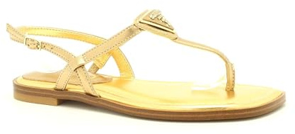 GUESS Sandalias Mujer con Tira en T, Doradas, Elegantes con Detalle de Cristales, Suela Plana (Bronce, Sistema tallas calzado EU, Adulto, Números, mediano, 36)