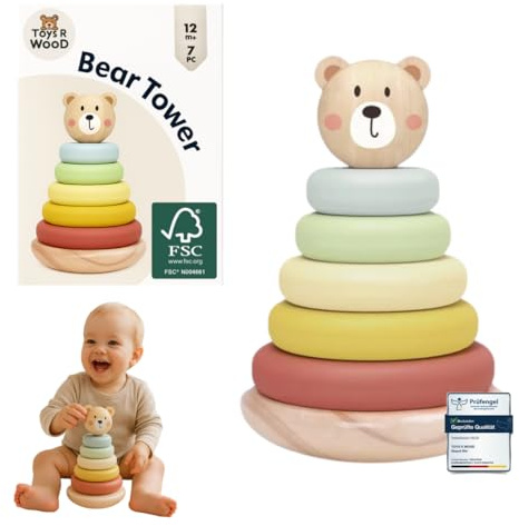 Stapelturm aus Holz ab 1 Jahre | Stapelturm Baby | Motorikspielzeug & Steckspiel ab 1 Jahr | Stapelspiel | Geschenk Baby, Jungen & Mädchen | Bauklötze Holz | Taufgeschenk | Montessori | Stapelsteine