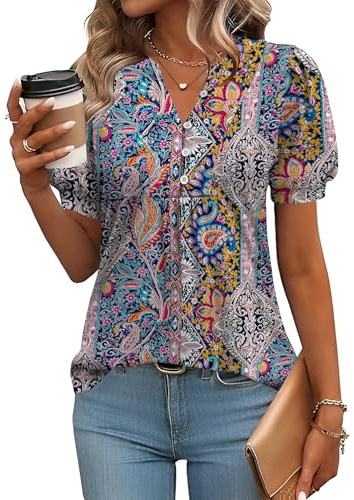 Rapbin Damblus med v-ringning och knappslå, t-shirt, tunika, kortärmad topp, sommartopp, elegant, avslappnad