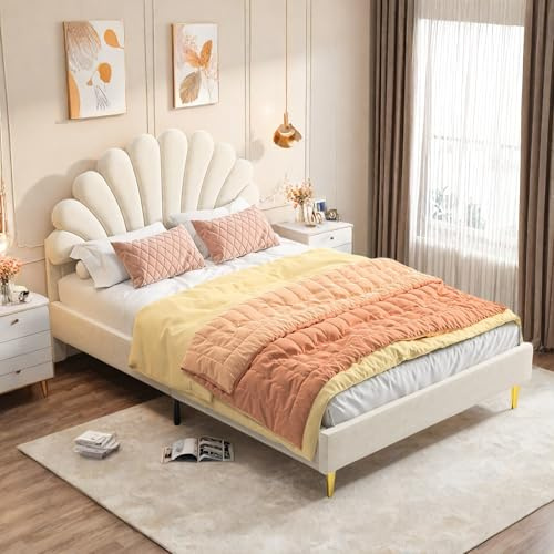 FEEOHOME Lit pour Enfant rembourré 140 x 200 cm, Cadre de lit Double avec sommier à Lattes, lit Simple/Double pour Fille Velours sans Matelas, Beige (Beige)