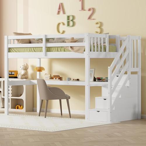 TOBIDOEN Cama alta para niños y adultos, 90 x 200 cm, cama minimalista con cajones y espacio de almacenamiento escalera, escritorio bajo la cama y estanterías, estructura de cama de pino (blanco, 90 x