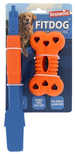 Rosewood FitDog Bone avec Lanceur - Jouet Robuste pour Chien à mâcher, Lancer et rapporter - Flottant et rebondissant - Lanceur Compact - pour Jeux sur Terre et Aquatique