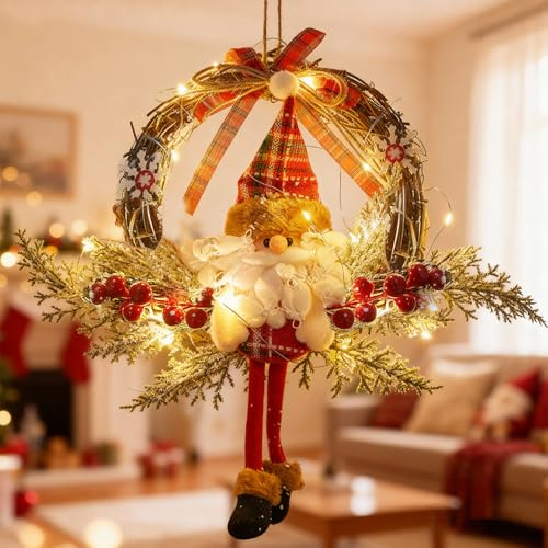 Ghirlanda per porta di Natale, 35 cm, LED, decorazione natalizia, ghirlanda per porta con luci LED, ghirlanda natalizia con Babbo Natale, ghirlanda in rattan, decorazione natalizia da appendere per