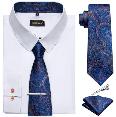DiBanGu Mens Long Sleeve Dress Shirt and Tie Set Casual Botton Down Shirts for Men Business Shirts with Tie, White Shirt and Navy Gold Tie, 3X-Large