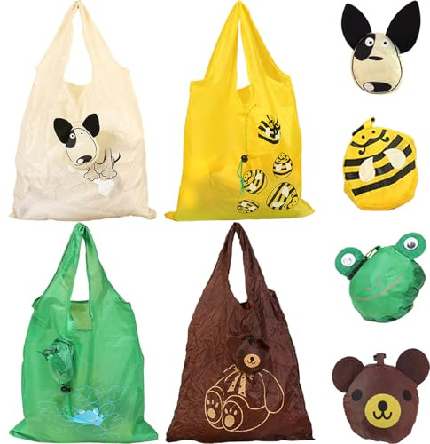 ZenyTra 4 Stück Faltbare Einkaufstaschen Tier Design - Wiederverwendbare Tragetasche mit Biene, Hund, Frosch und Bär Motiv für Lebensmittel, Einkauf, Reise & Aufbewahrung