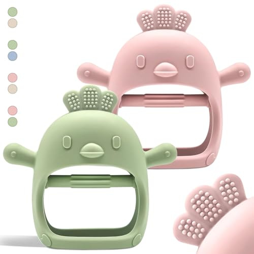 TKLake 2 Pack Baby Teething Mittens, Soft Silicone Teething Gloves for Babies 0-6 Months, Hand Teether for Toddler Infant, Baby Boy Girl Shower Gift Teething Relief Chew Toy (Olive Green & Pink)