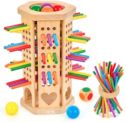 Wooden Board Game Montessori Toys, Math Educational Toys with 42 Colorful Sticks & Dice, Fine Motor Skills & Counting Toy, Family Travel Game for 3 4 5 6 Years Old Boys Girls, Kids Birthday Gifts