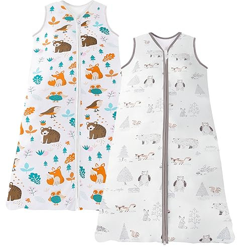 Chilsuessy Sommerschlafsack Baby Schlafsack Kleine Kinder Schlafanzug ohne Ärmel für Sommer und Frühling 100% Baumwolle, Grau Wald+dschungeltiere, 130/Baby Höhe 130-150cm