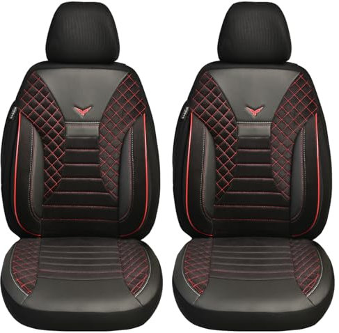 BREMER SITZBEZÜGE Maß Auto Schonbezüge kompatibel mit Renault Kangoo 3 Fahrer & Beifahrer Set ab 2021 / Auto Schonbezug Velour Kunstleder Set 2er Pack in Schwarz/Rote Naht (PS802)