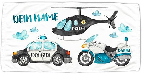 GRAZDesign Polizei Kinder Handtuch mit Namen Badetuch für Jungen und Babys von 2-10 Jahren Strand / 140x70cm Polizei-Auto