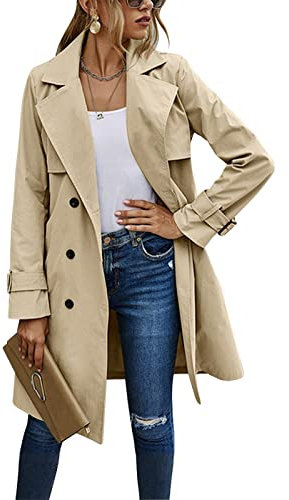 Minetom Damen Trenchcoat Zweireiher Langer Mantel Klassische Herbst Frühling Jacke Winddichter Mantel A Khaki M