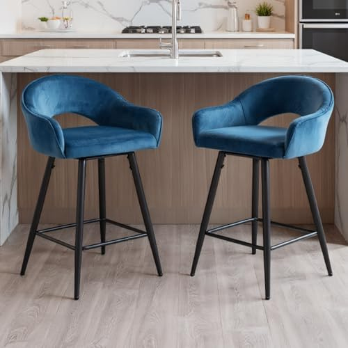 chairus Tabouret Haut Cuisine, 2PCS Chaises de Bar Pivotantes, Bleu | Siège Pivotant à 360°, Dossier Incurvé, Tissu de Velours, Coussin Rembourré, Pied Métallique Noir, pour Ilot Central