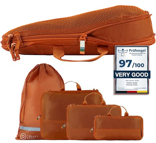 TRAVEL DUDE Packwürfel Set mit Kompression aus recycelten Plastikflaschen, Leichte Packing Cubes, Packtaschen Set für Rucksack und als Koffer Organizer, Zubehör (Burnt Orange, 7-teiliges Set)