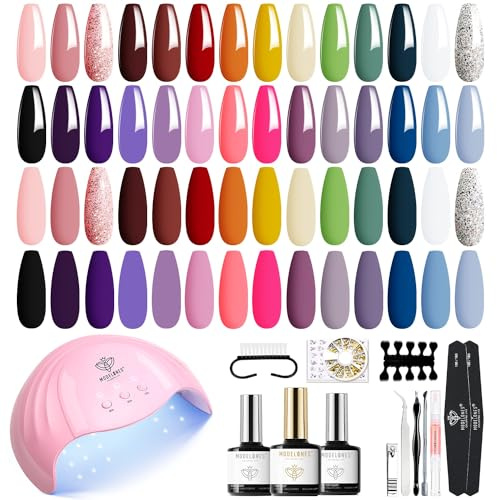 Modelones Gel Nail Kit, 28 Colors Pink Red Gel Nail Polish Set with Lamp Starter Kit No Wipe Base & Top Coat Diy Home Nails Curing Gift For Women