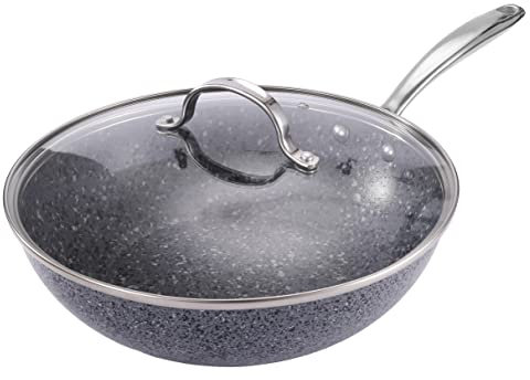 Royal Cuisine Aluminum Alloy Wok Pan with Glass Lid has Ultra Nonstick Coating with Granite Effect Deep Stir Fry Pan Stone Earth Coating Stainless Steel Handle-28cm