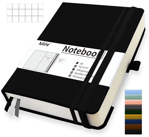 Mlife A5 Graph Paper Notebook,360 Pages Thickened Squared Notebook,Premium 100g/M² Ink Resistant Paper Thick,Pu Hard Cover Grid Notebook,Inside Pocket,Elastic Banded,Grid Paper for Writing(Black)