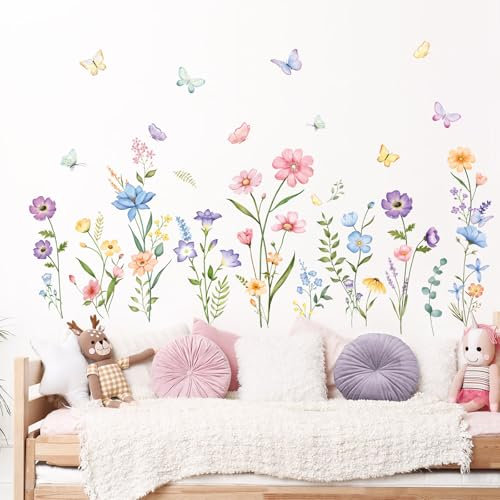 Supzone Wandtattoo Wildblume Schmetterlinge Wandaufkleber Bunte Gartenblumen Gras Wandsticker für Wohnzimmer Schlafzimmer Sofa TV Hintergrund Wanddeko