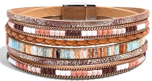 VIBILIA Boho Leather Wrap Bracelets for Women Trendy Layered Multi-Layer Bracelets with Strong Clasp Jewelry for Women-Khaki