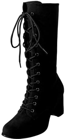Generisch Bottes à lacets pour femme - Bottes longues en daim - Bout rond - Bottes d'hiver à talon haut - Couleur unie - Bottes longues à lacets, Noir , 35 EU