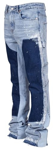 Pantaloni in Denim a Zampa d'elefante da Uomo Slim Fit, Pantaloni Streetwear Hip Hop con Tasche, Blu Chiaro Medio