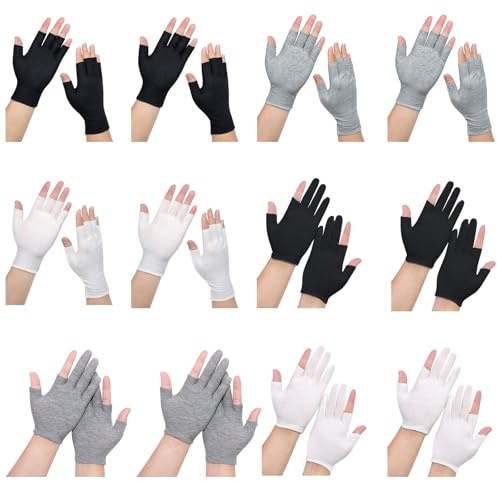 Foonary 12 pares de guantes de algodón sin dedos, 2 modelos diferentes, compatibles con pantallas táctiles, hidratantes, para el sueño, adecuados para la dermatitis atópica, protección UV, secadores