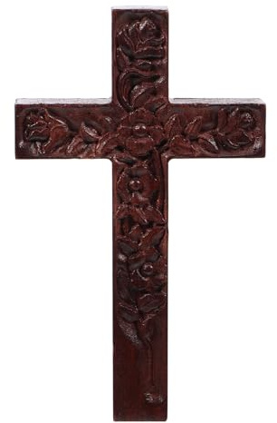 OSOLADY Croce in legno da parete - Decorazione a croce in legno da appendere con rosa intagliata - Arte rustica cattolica da parete per chiesa e arredamento domestico (marrone scuro)