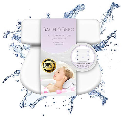 Bach&Berg® Luxury Waterproof Bath Pillow for Head, Neck and Back Support | With 7 Non-Slip Suction Cups | Fits All Bathtubs | Perfect Accessory for Bathroom and Home Spa