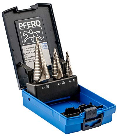 PFERD TOOLS HSS Stufenbohrer-Set, 3-tlg. | 9-14 Stufen Ø 4-30 mm, 3-Flächenschaft | 25201046 – zum gratfreien Bohren