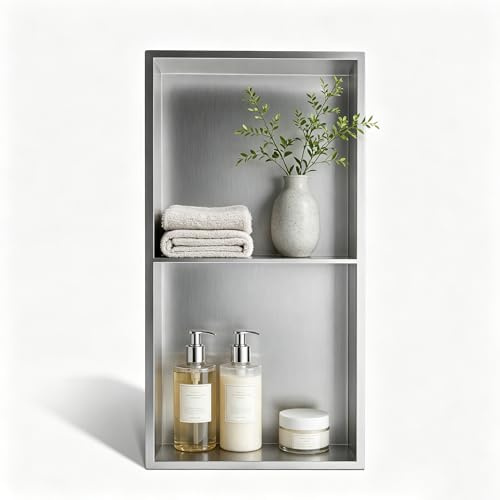 Bernkot Shower Niche Stainless Steel Silver 60 x 30 cm No Tiles Required Wall Recess Double Shelves Recessed Shower Niche for Bathroom Storage, Over-mounted