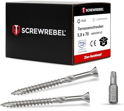 SCREW REBEL Viti per terrazze ST-FIX in acciaio inox A2, 5,0 x 70 mm, 200 pezzi con punte S2, TX 25, testa svasata, fresa per denti di sega, punta tagliata, vite cerata