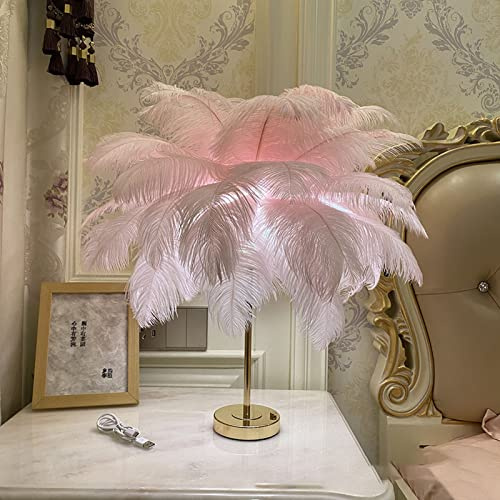 BestAlice Fjäderlampa, Pekbrytare Strutsfjäderlampa, LED Dekorativt Atmosfärsljus med Fjädrar, USB Uppladdningsbar 3-färgsdimmer Romantisk Dekorationslampa Sovrumslampa(Rosa)