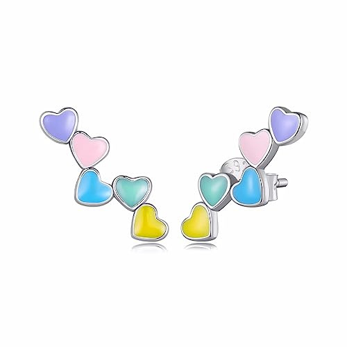 Qings Pendientes Trepadores Corazón Mujer Plata de ley 925, Corazón a Corazón Colorido Esmalte Climber Hipoalergénicos Pendientes Regalo de cumpleaños para Niña Mujer