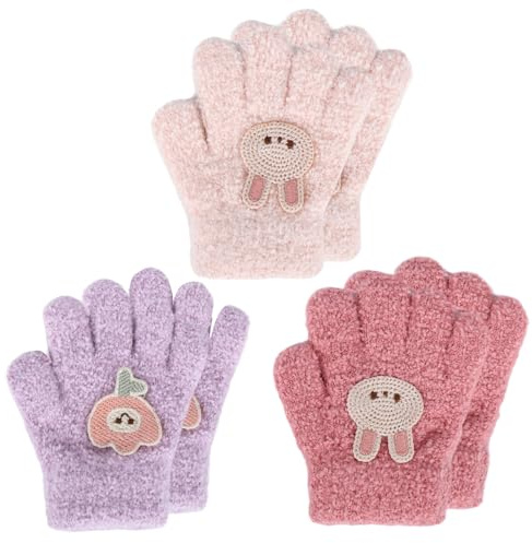 Fadcaer 3 Pairs Kids Gloves, Winter Warm Gloves for Boys Girls, Kids Knitted Gloves, Stretchy Soft Full Finger Gloves, Plush Solid Color Gloves Suitable for Age 1-3 Years Old (Pink)