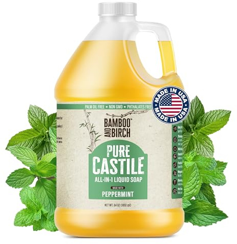 BAMBOO AND BIRCH Pure Castile Soap Liquid Organic, Certified Palm Oil Free Natural Soap, Peppermint, 64 oz