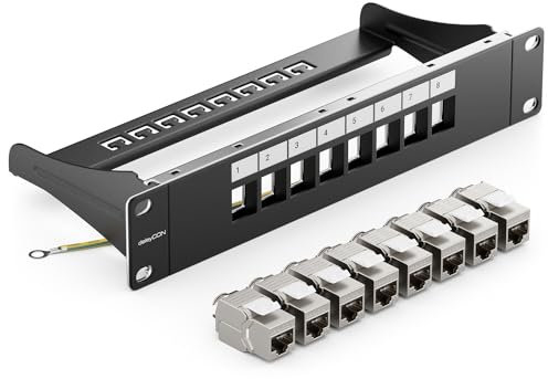 deleyCON SET 8 Ports CAT7 Panneau de Brassage Panneau de Distribution Modulaire 1 U Installation en Rack 10 + 8x Modules Keystone CAT 7 Réseau LAN RJ45 10 Gbit/s 600 MHz Câble D'installation Noir