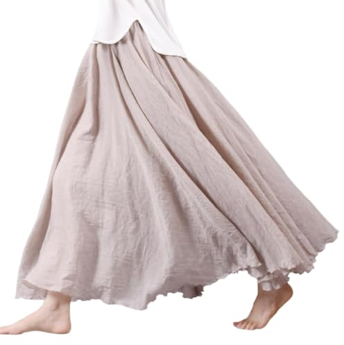 BEAUTYLAST Bohemisk bomull linne kjol för kvinnor, elastisk midja lång blommig vardaglig maxikjol för sommar strand semester, Ljusröd, 85CM-Length