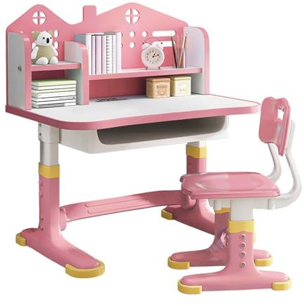 OSKOPWRC Kinderschreibtisch höhenverstellbar, Junior-Kinderschreibtisch mit Hutch, Schülerschreibtisch mit Stuhl und Schubladen, ergonomischer Jugendschreibtisch Rosa